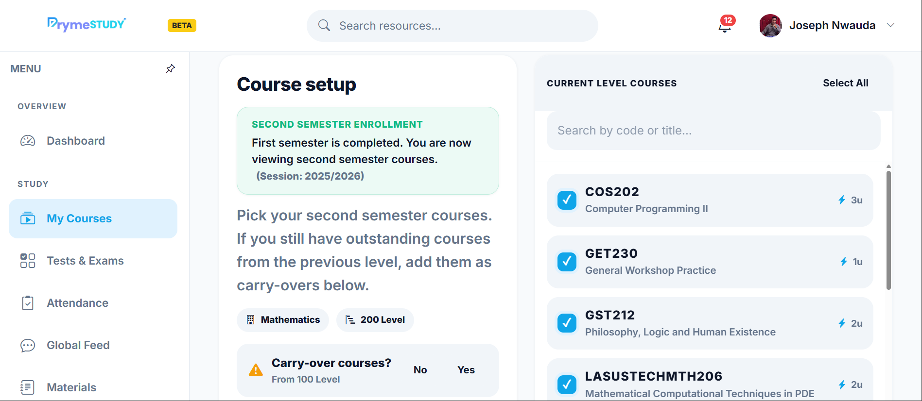 PrymeStudy course setup screen for semester registration