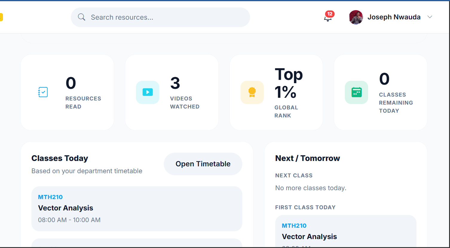 PrymeStudy student dashboard showing course overview and daily academic direction